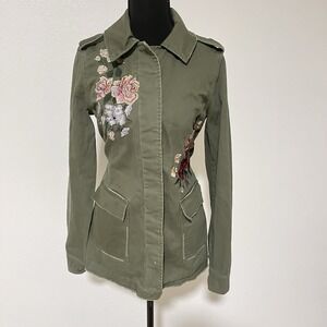 American Rag Military Green Utility Jacket With Embroidered Flowers Size XS